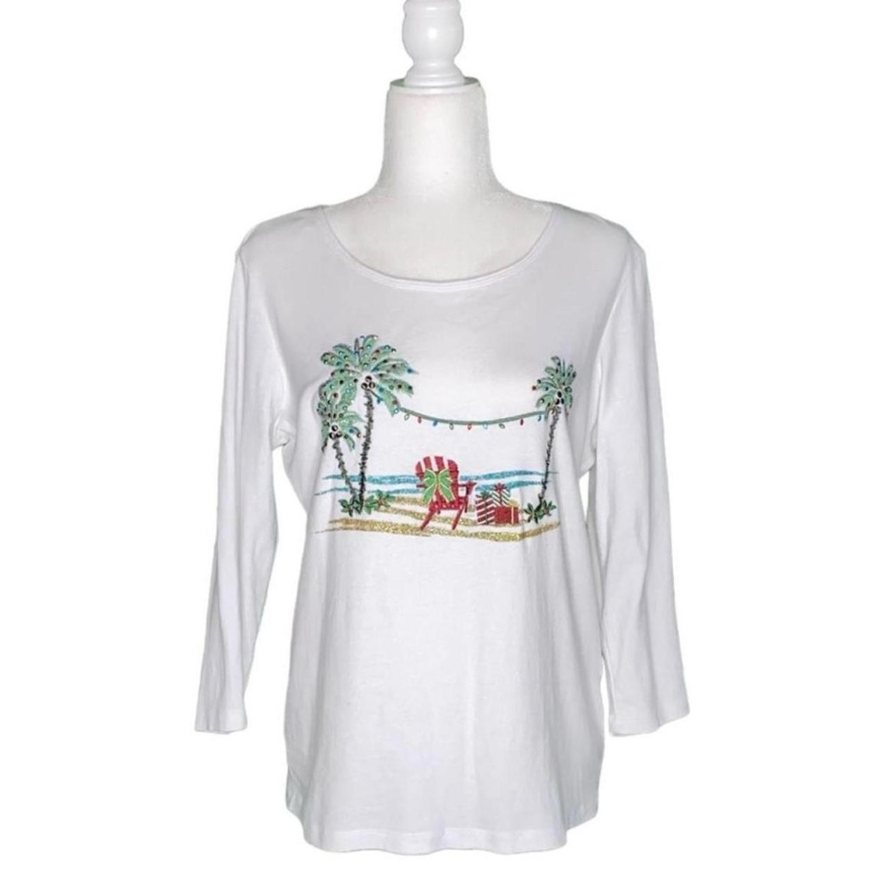 Karen Scott Coastal Christmas Embroidered Palm Tree Cotton Knit Top, Size M - Picture 1 of 6